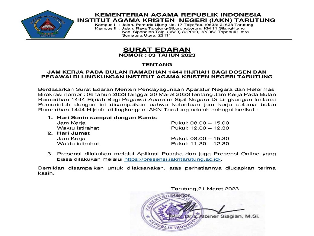 Jam Pelayanan IAKN Tarutung Di  Bulan Ramadhan